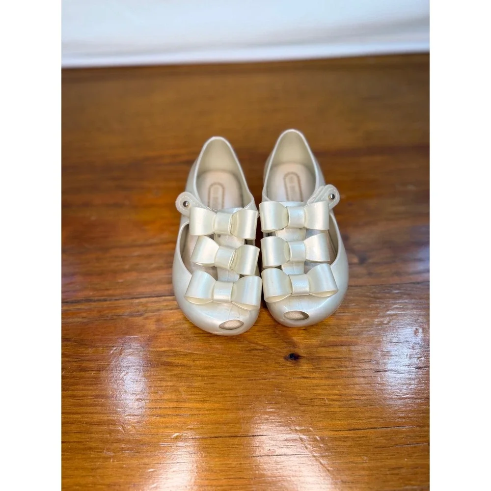 Mini Melissa Ultragirl Triple Bow Jelly Mary Jane Shoes Pearlescent White Size 7